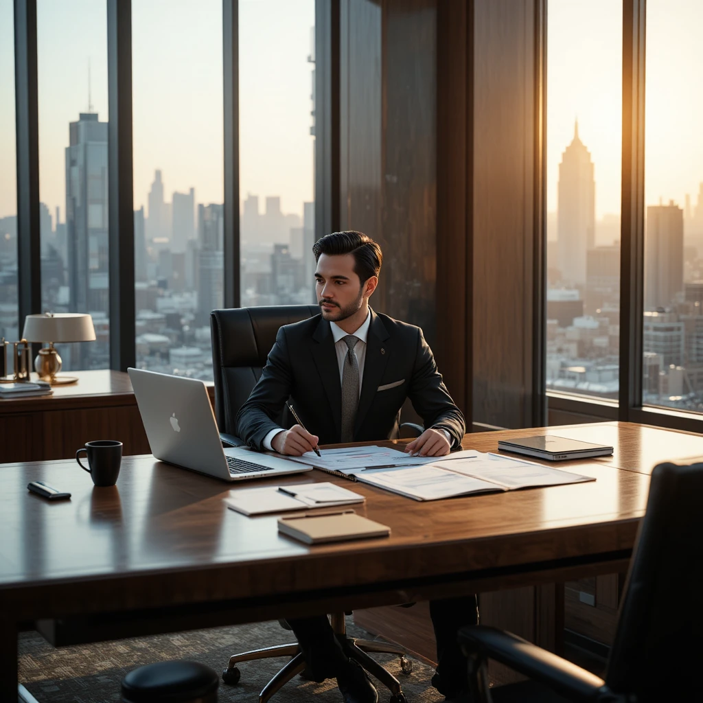 Luxury executive office with entrepreneur at walnut desk
