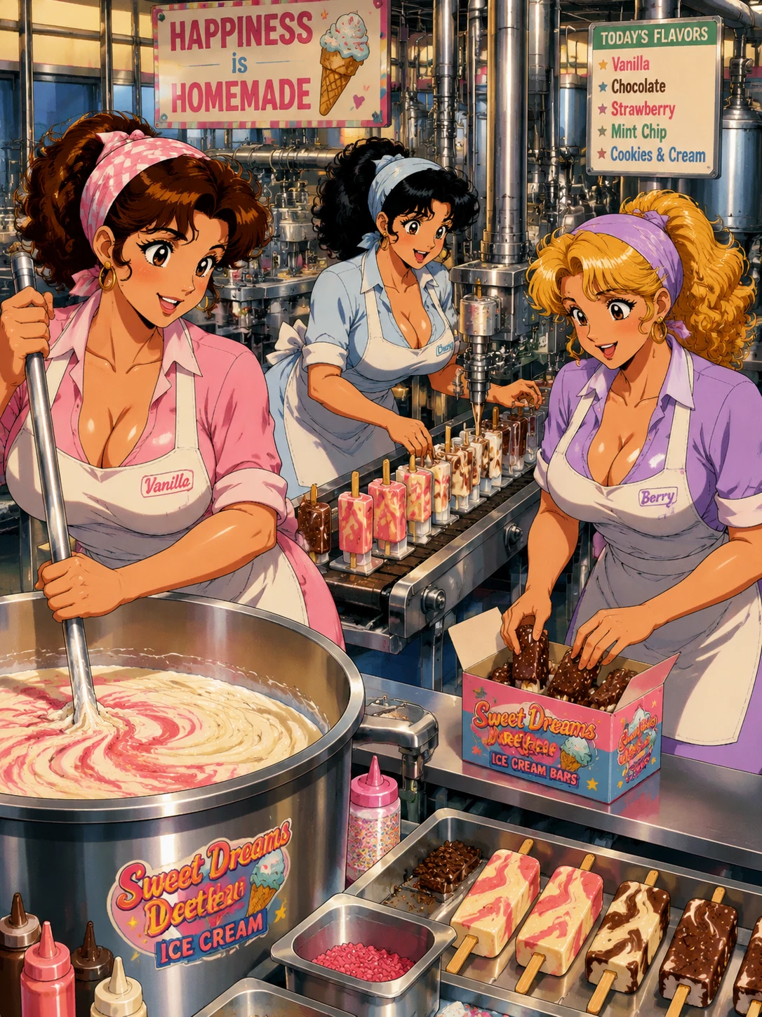 Tres trabajadores de fábrica estilo anime en un alegre taller de helados