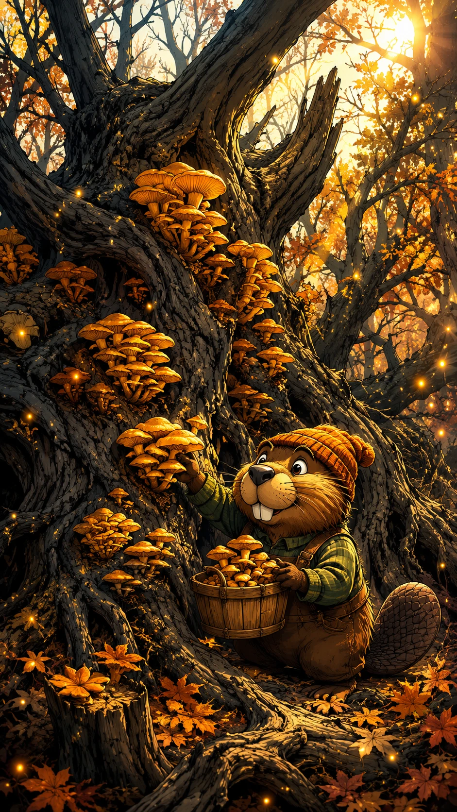 Castoro dei cartoni animati che raccoglie funghi accanto a un albero antico