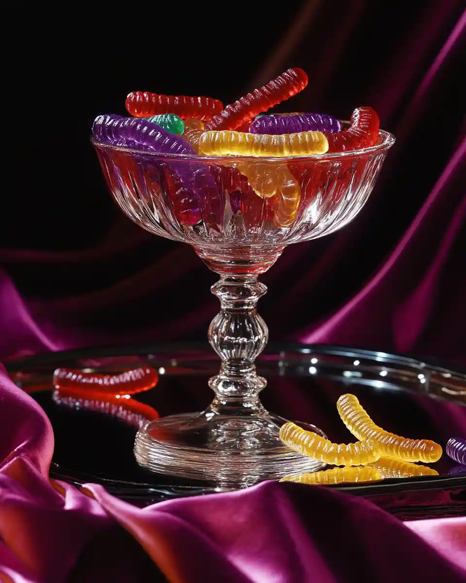 Luxurious gummy worms in crystal glass on black tray