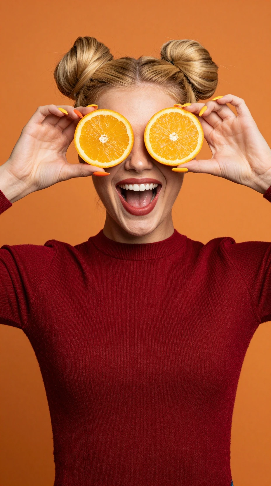 Chica rubia alegre con rodajas de naranja sobre los ojos