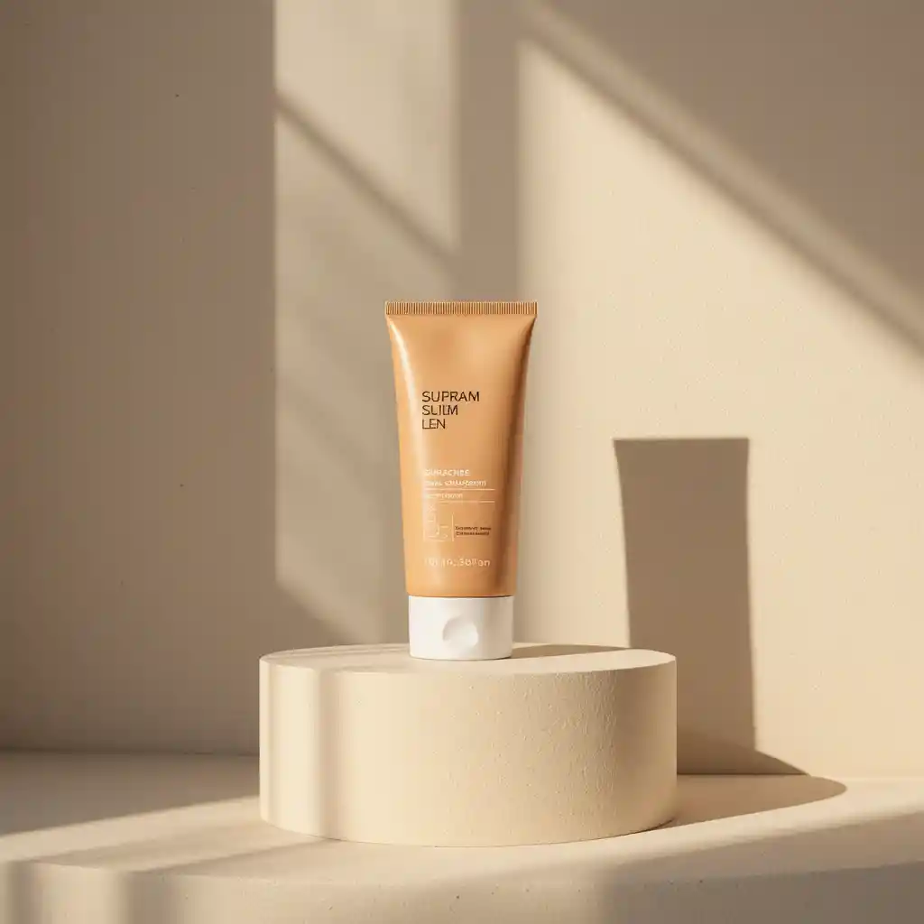 Minimal sunscreen bottle on beige pedestal with soft shadows