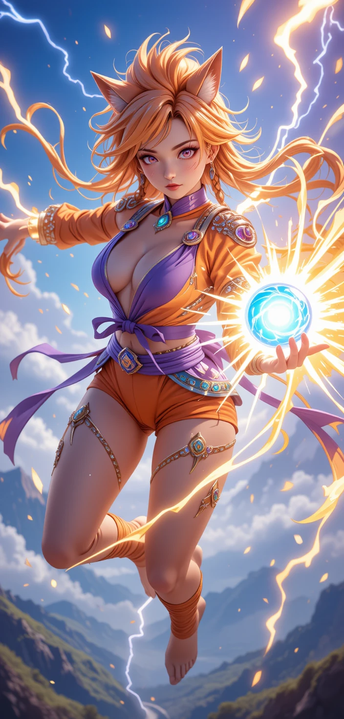 Shy purple skinned anime warrior woman with glowing feathers