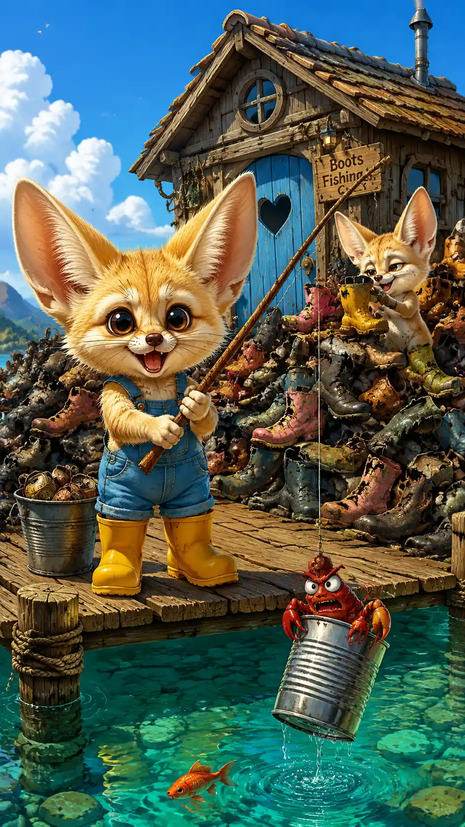 Cute cartoon fennec fox fishing on a wooden pier