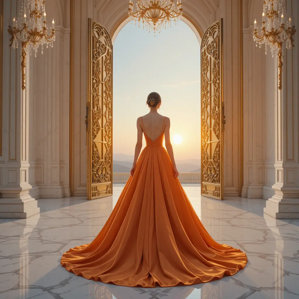 Elegant woman in flowing gown walking toward golden doors