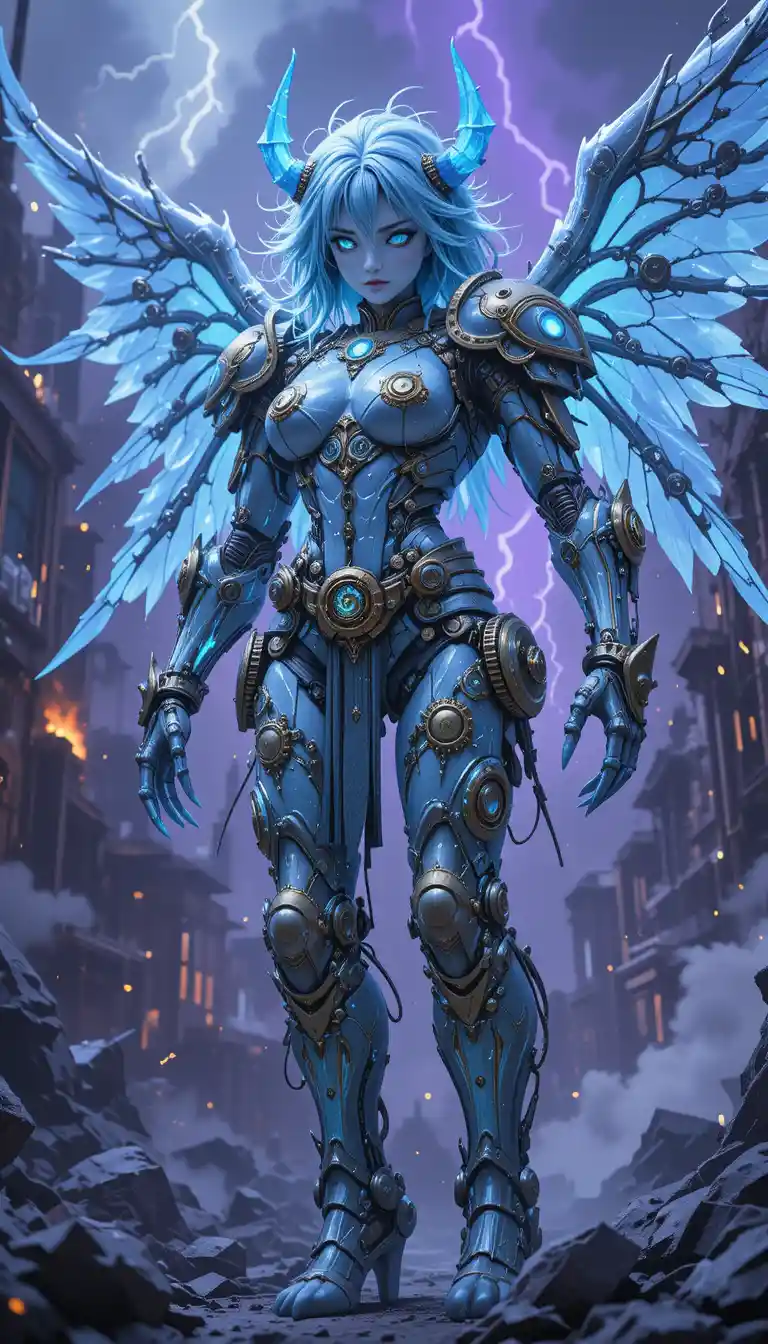 Clockwork warrior queen in ruins with glowing mechanical wings