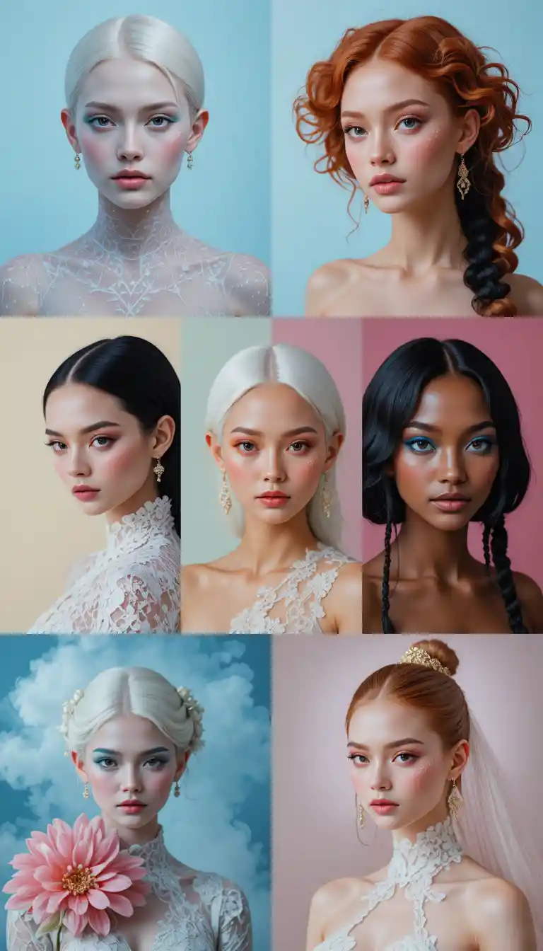 Collage of unconventional wedding fashion portraits in soft light
