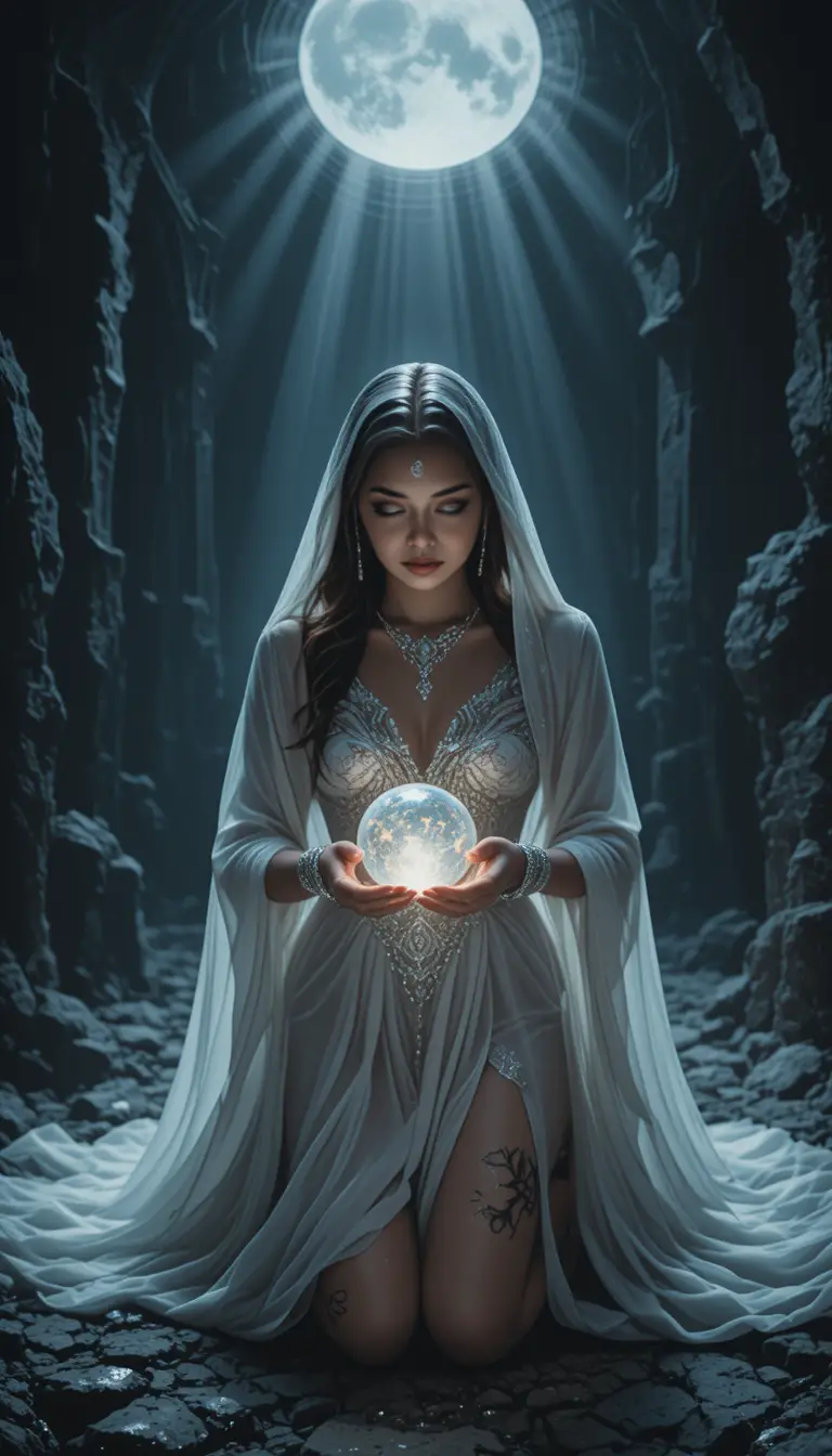 Mujer mística arrodillada bajo la luz de la luna en cámara de piedra