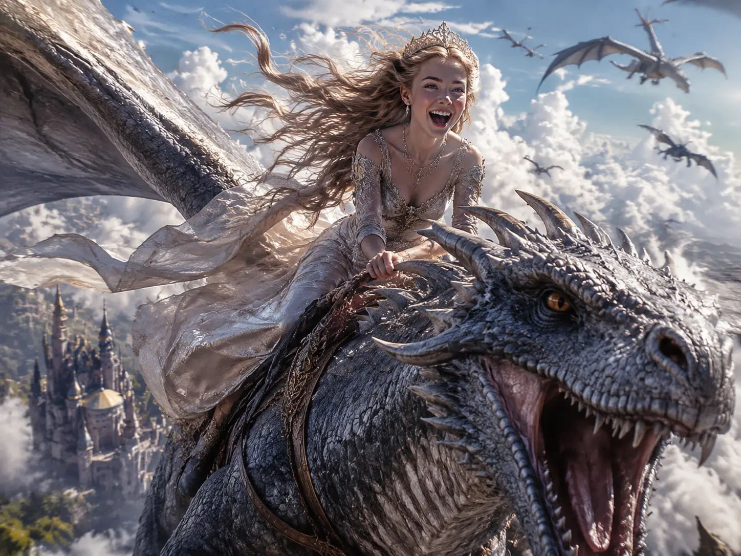 Dragon queen riding through clouds above distant castles