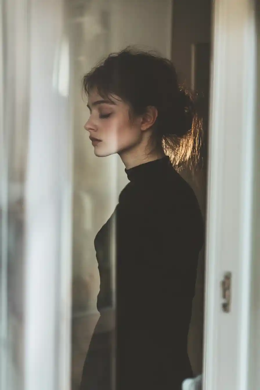 Woman in a dim room sealed in soft golden light