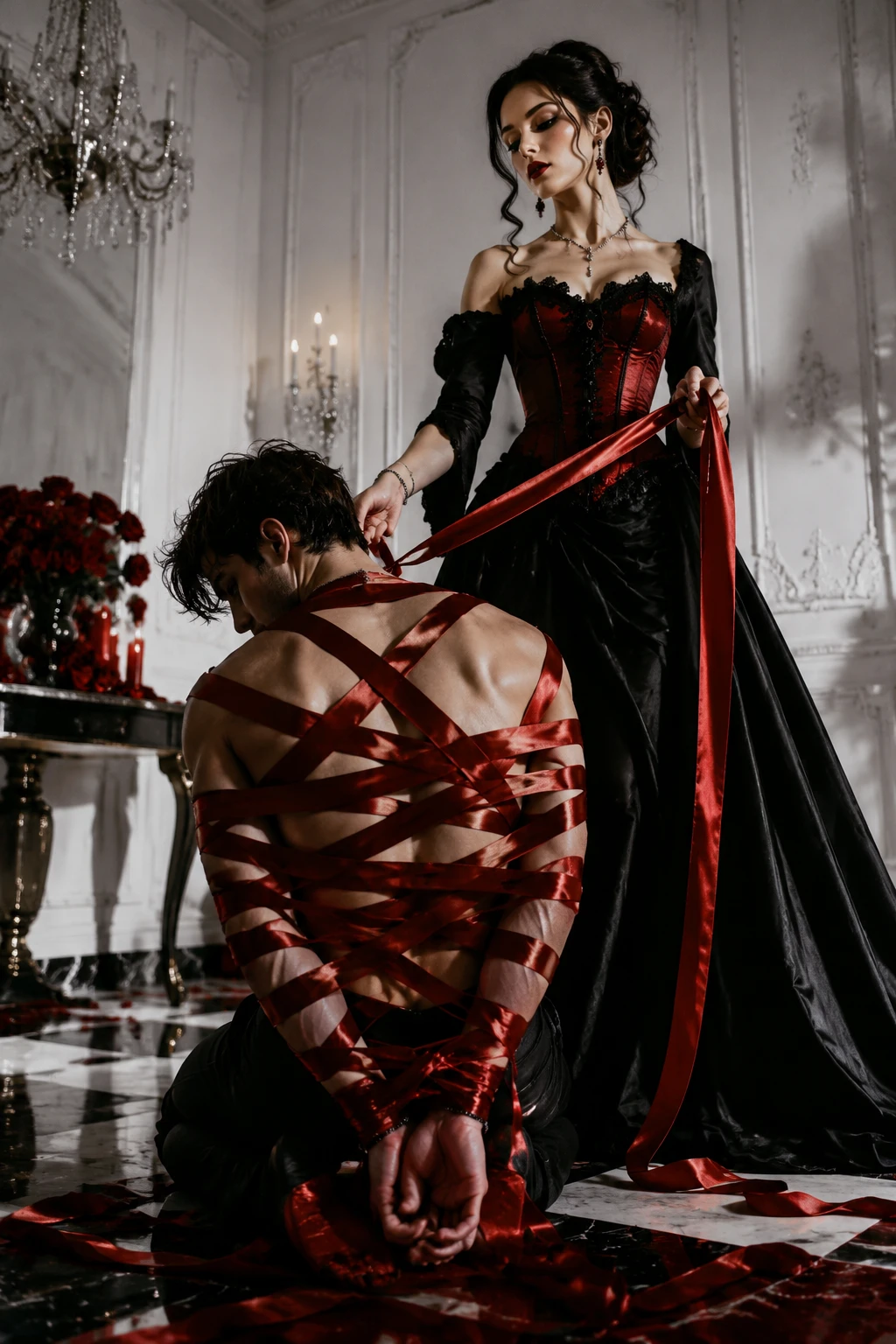 Man bound in red ribbons under dramatic light indoors
