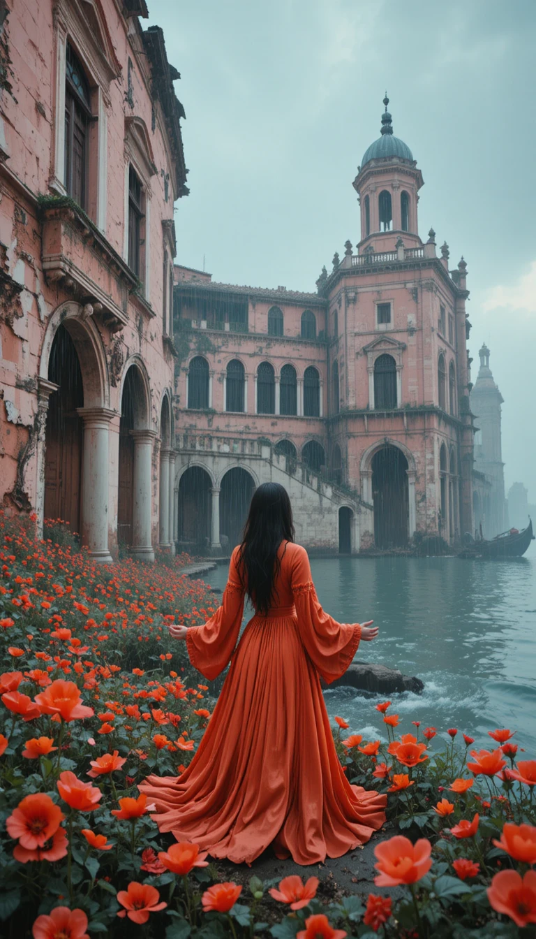 Woman in orange robe on sinking venetian palace shore