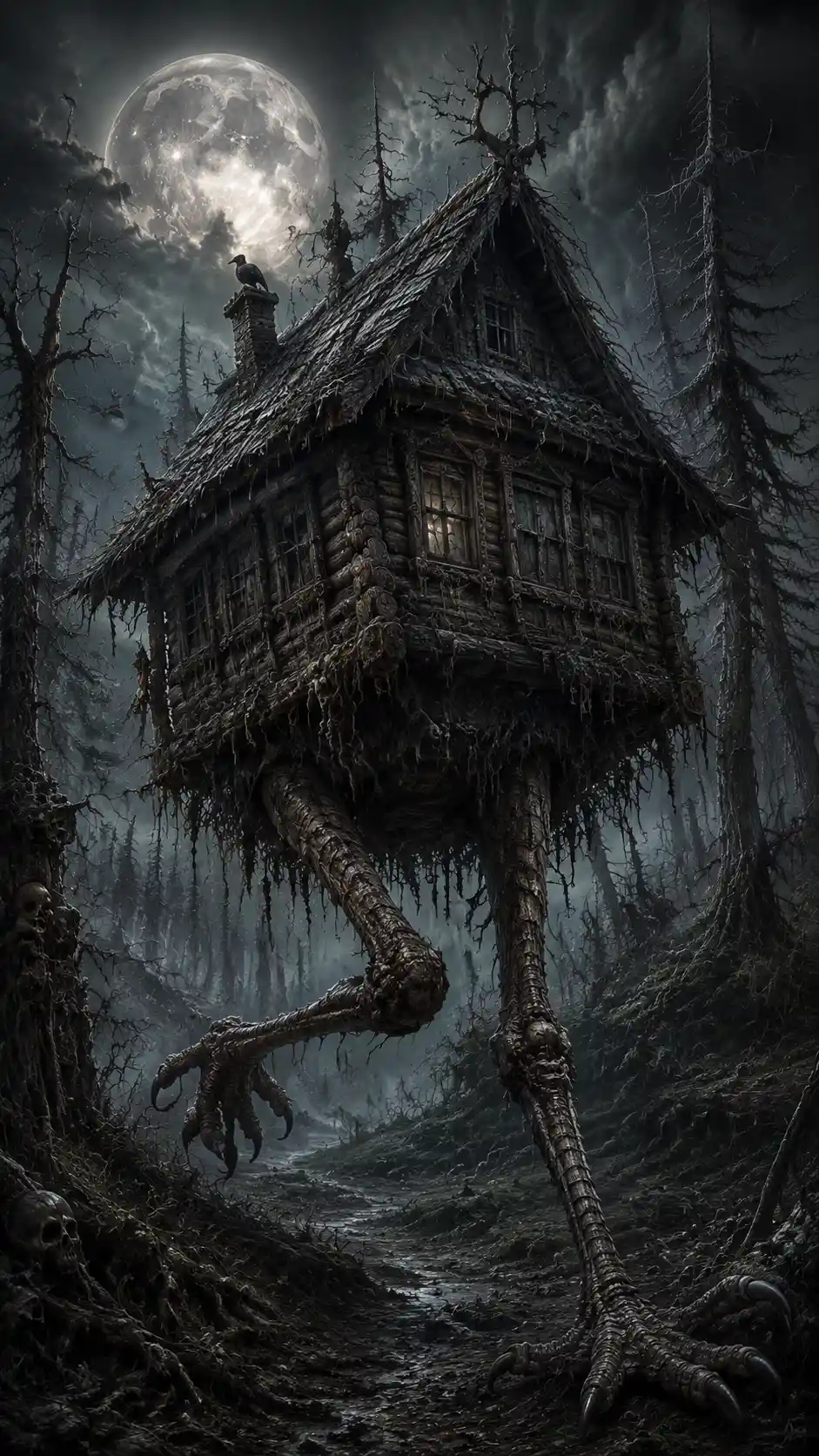 Running hut on chicken legs in a dark fantasy forest