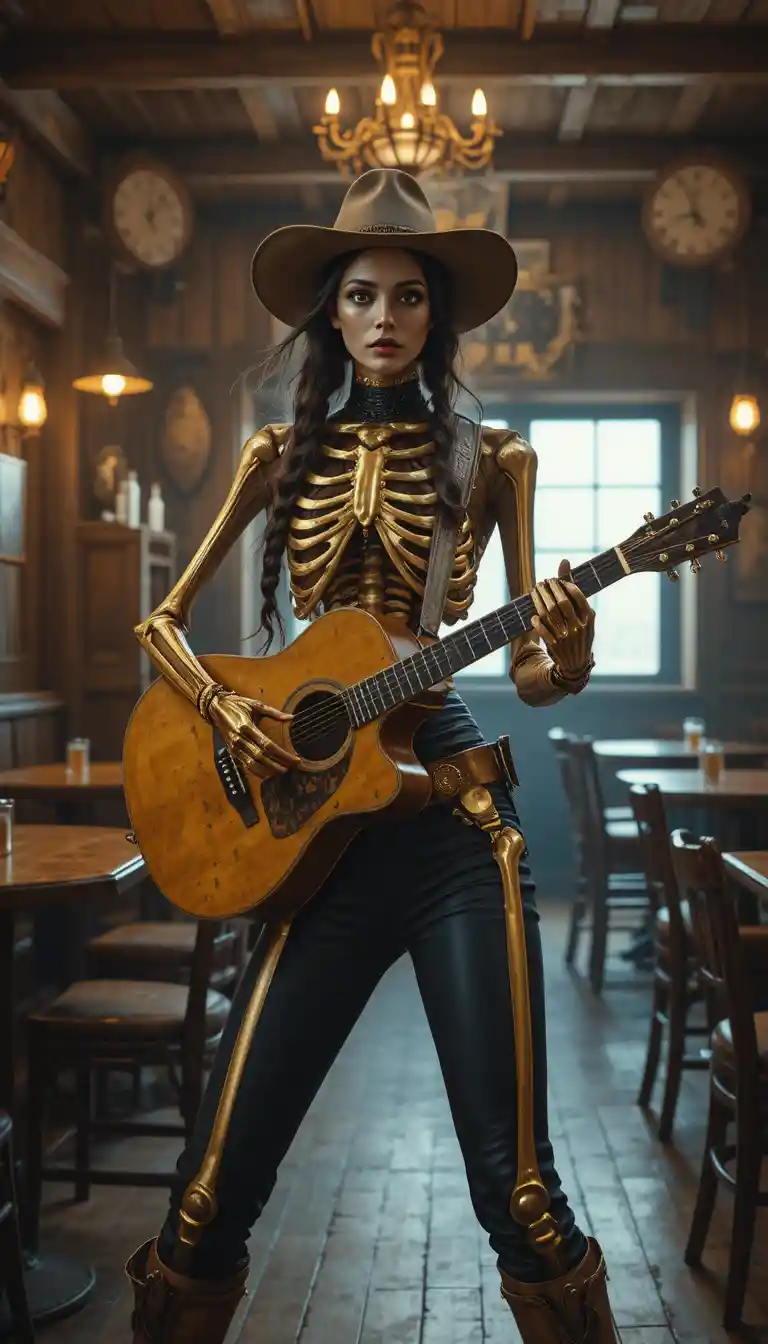 Golden skeleton cowgirl with guitar in wild west bar