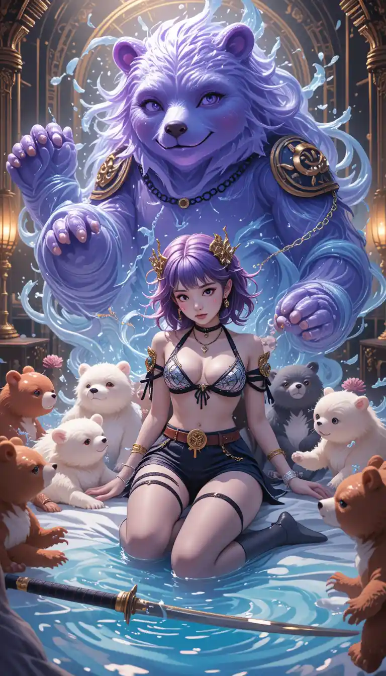 Anime girl in bed with glowing water spirits and katanas