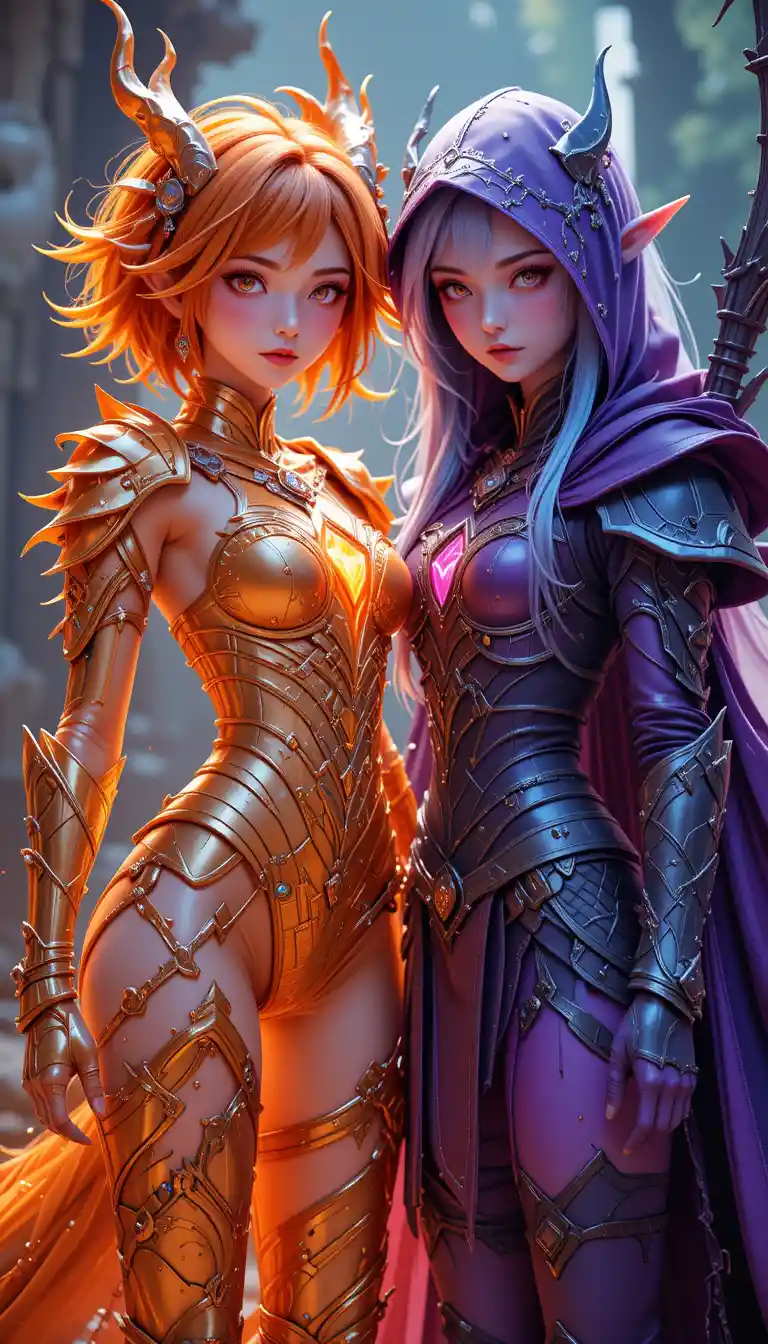 Two elemental anime warrior women facing the camera