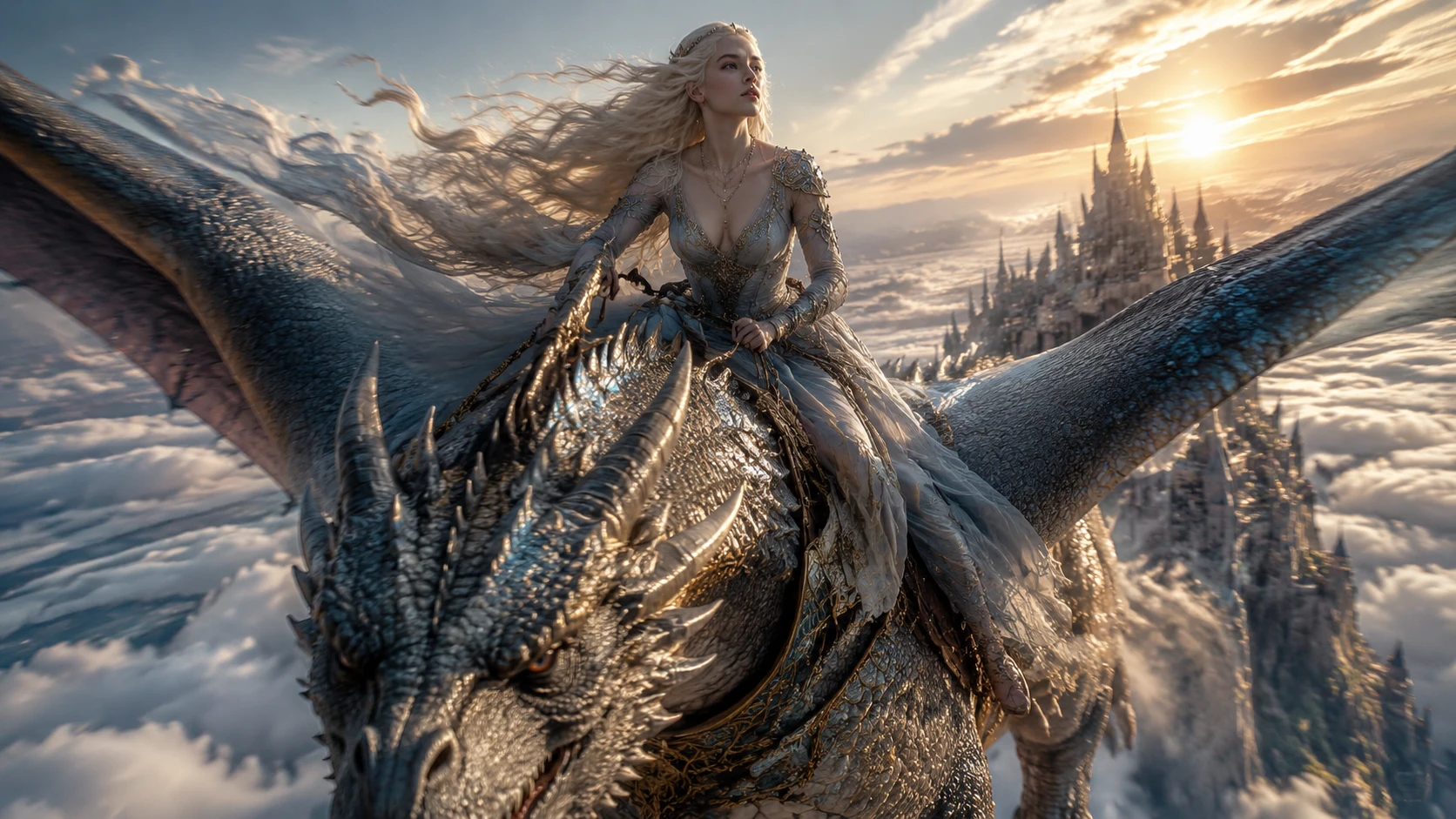 Dragon queen riding through dawn skies above the clouds