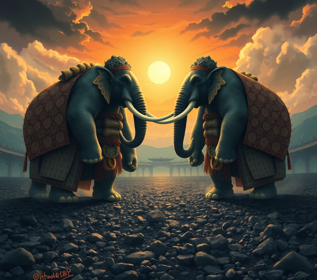 Two sumo elephants facing off on an ancient arena