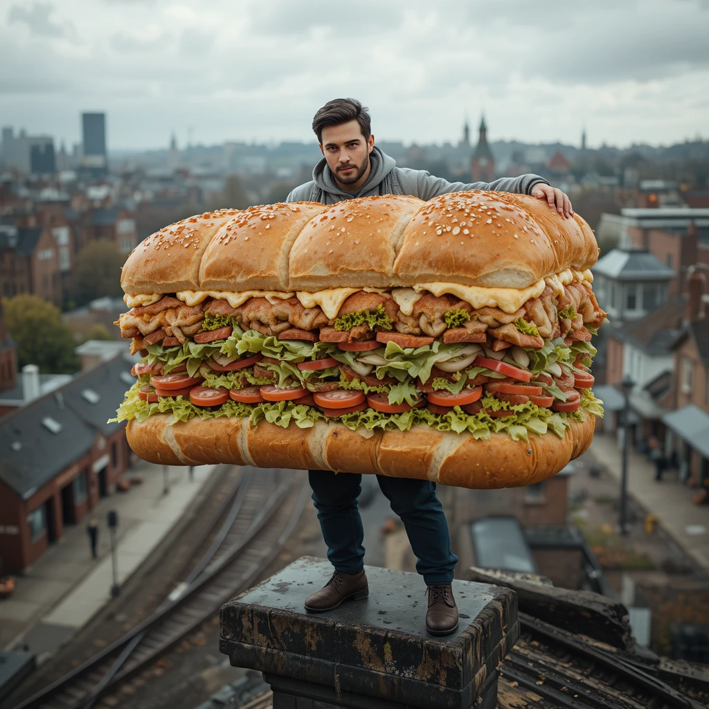Man balancing on train station making giant club sandwich