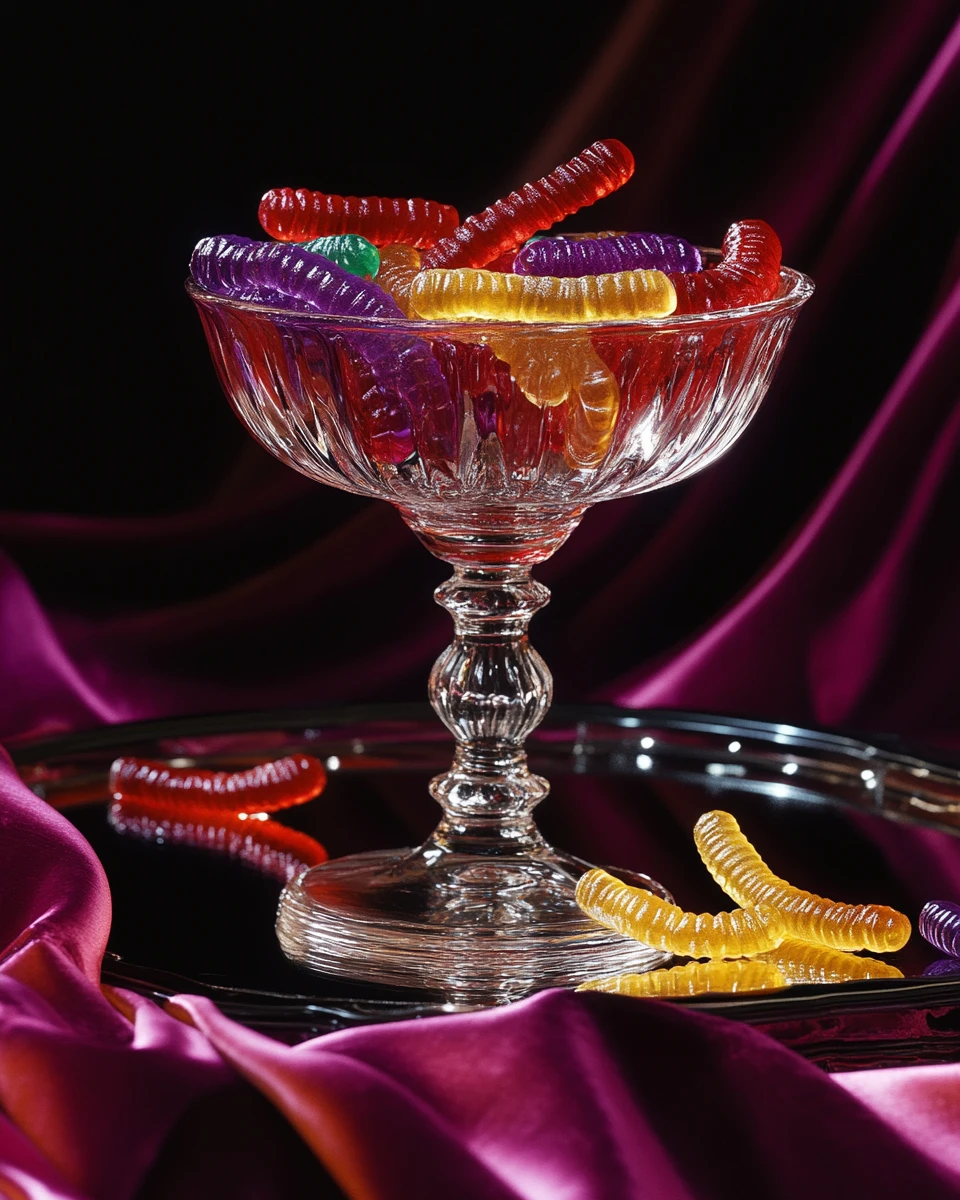 Luxurious gummy worms in crystal glass on black tray
