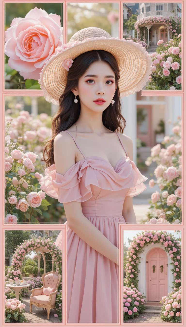 Girl In Pink Dress In Romantic Rose Garden Veranda