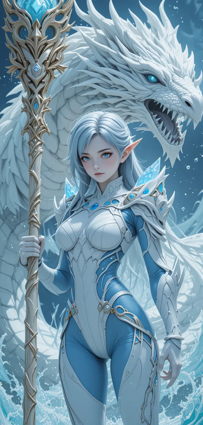 Blue skinned elf girl with organic armor and staff