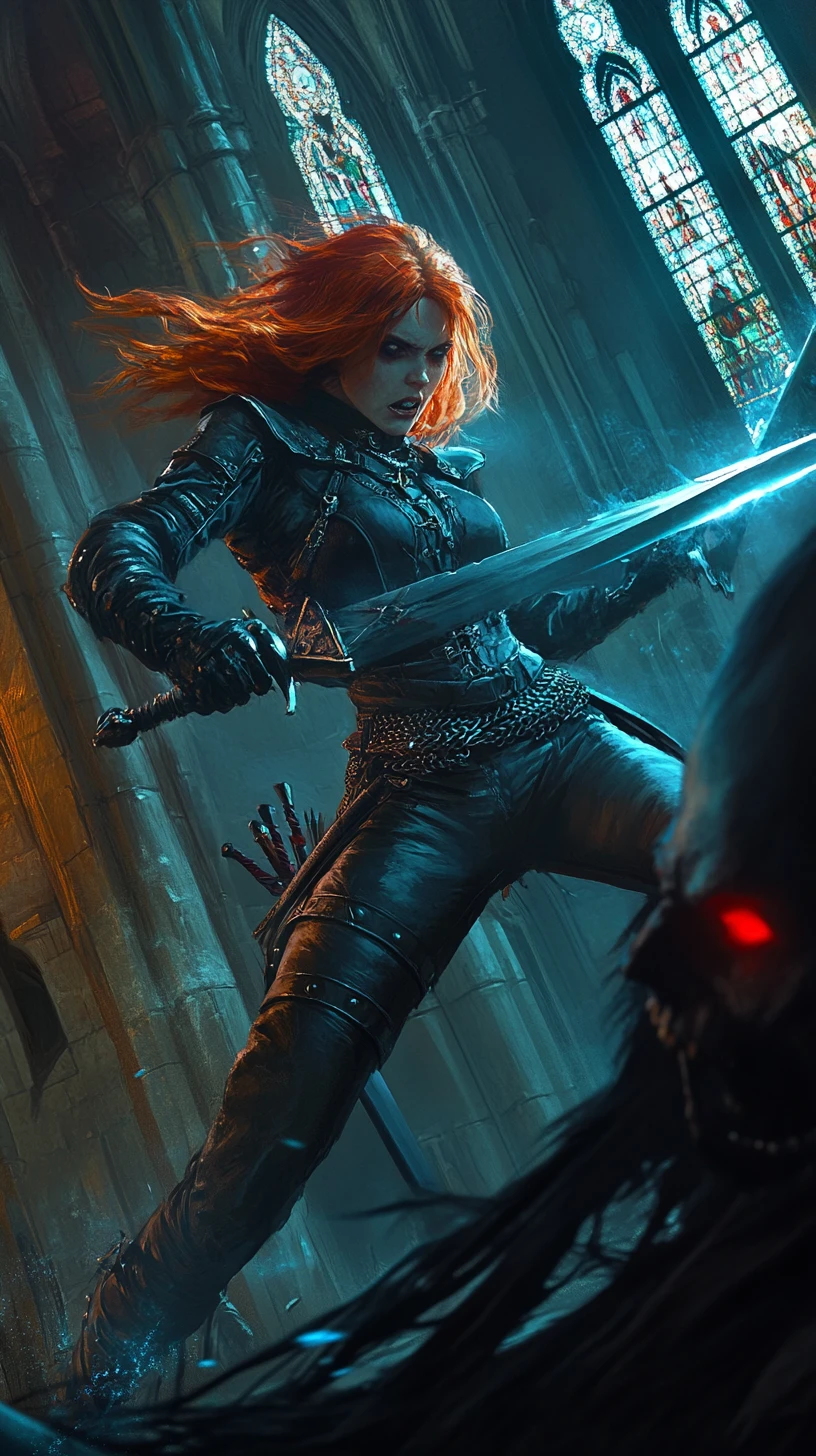 Warrior woman battles shadow monster in gothic church