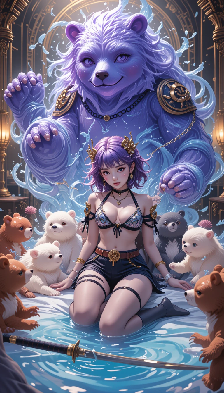 Anime girl in bed with glowing water spirits and katanas
