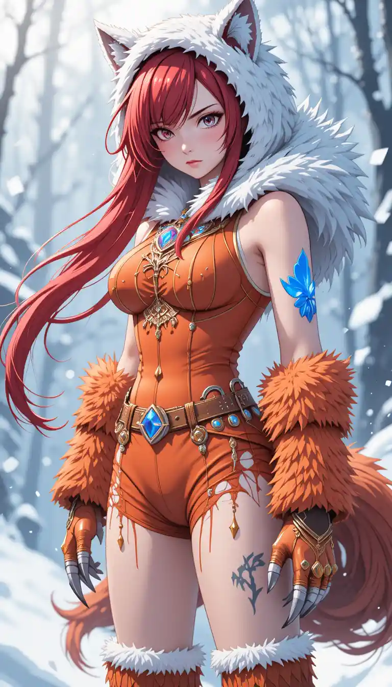 Anime warrior woman with crimson hair in snowy landscape