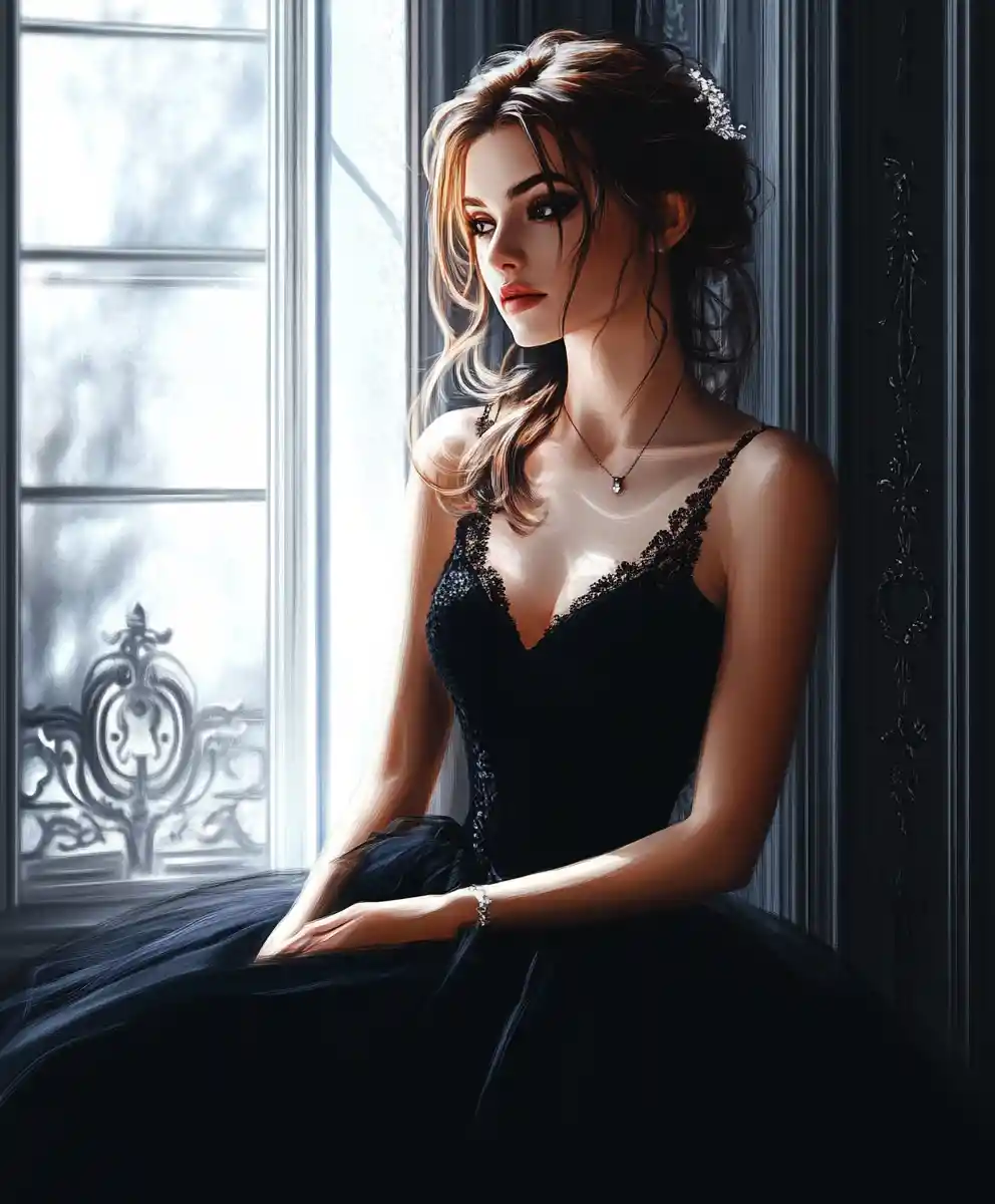 Elegant tall woman in a simple black dress
