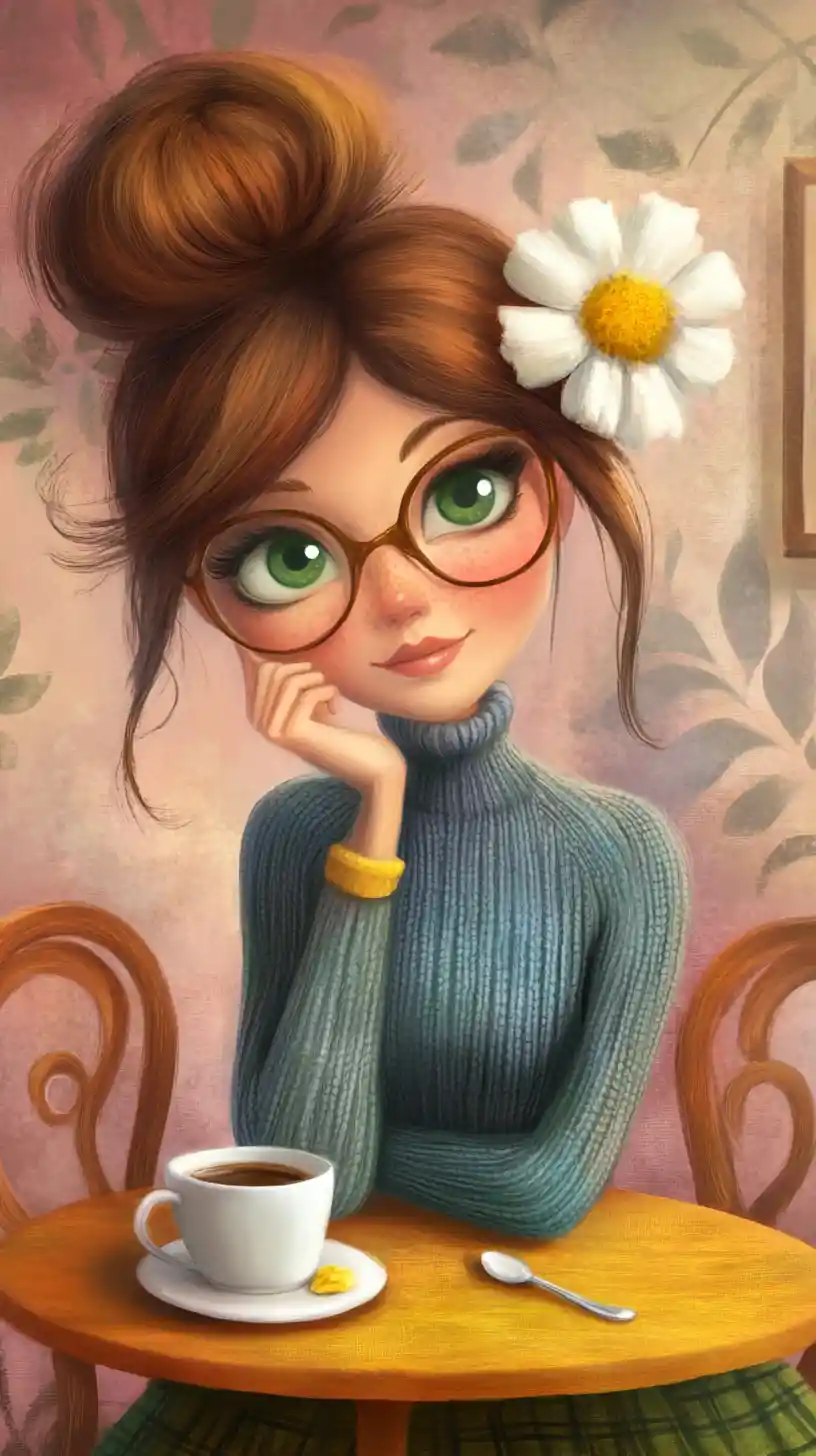 Elegant retro woman daydreaming at a small cafe table
