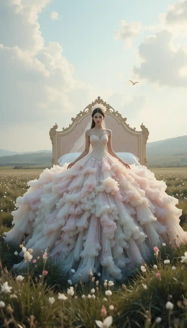 Surreal fashion woman on giant pastel bed in field