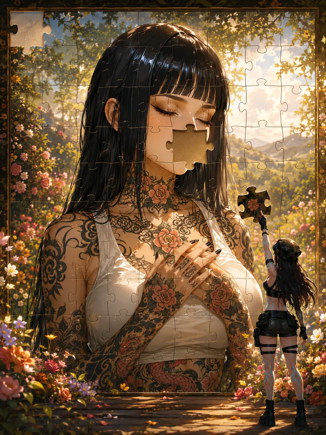 Anime Girl As Dreamlike Puzzle In Floral Summer Field