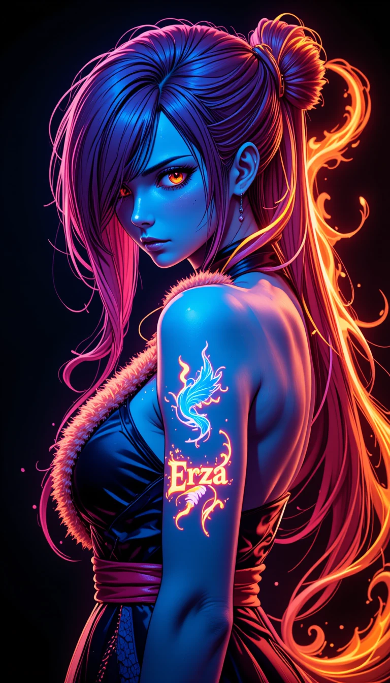 Side portrait of neon anime warrior with glowing guild mark