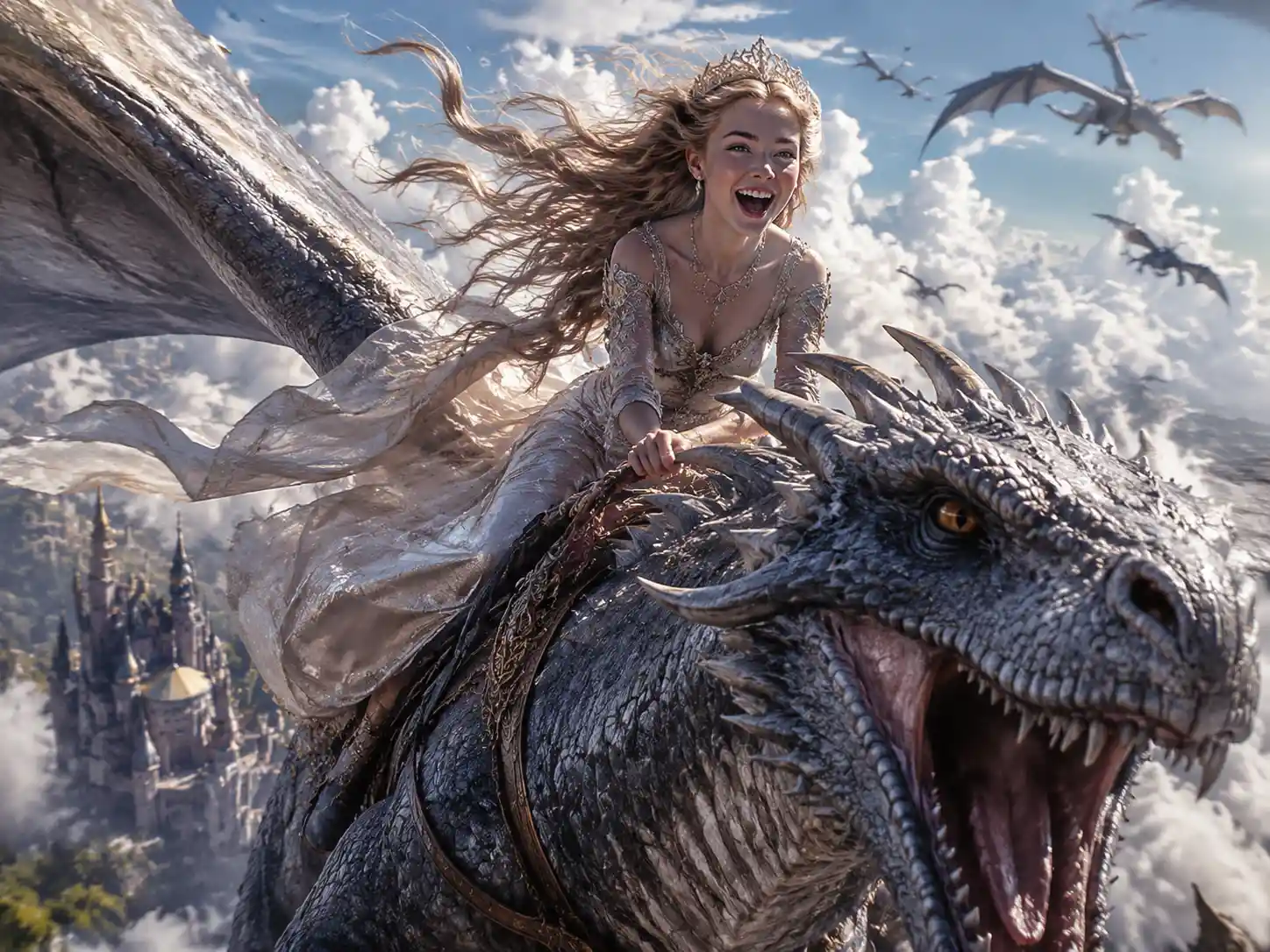 Dragon queen riding through clouds above distant castles