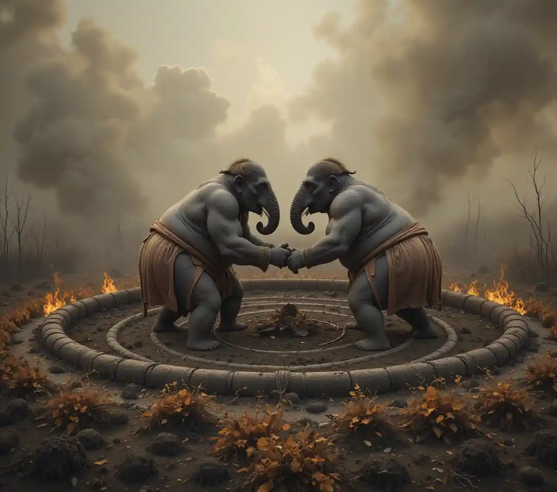 Hybrid elephant sumo wrestlers in a burnt field arena