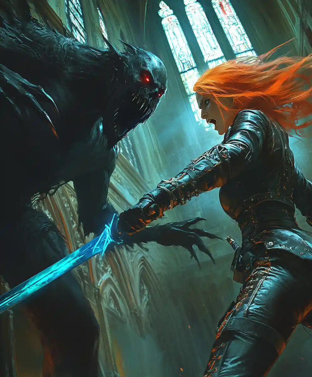 Warrior woman battling a shadow monster in gothic church