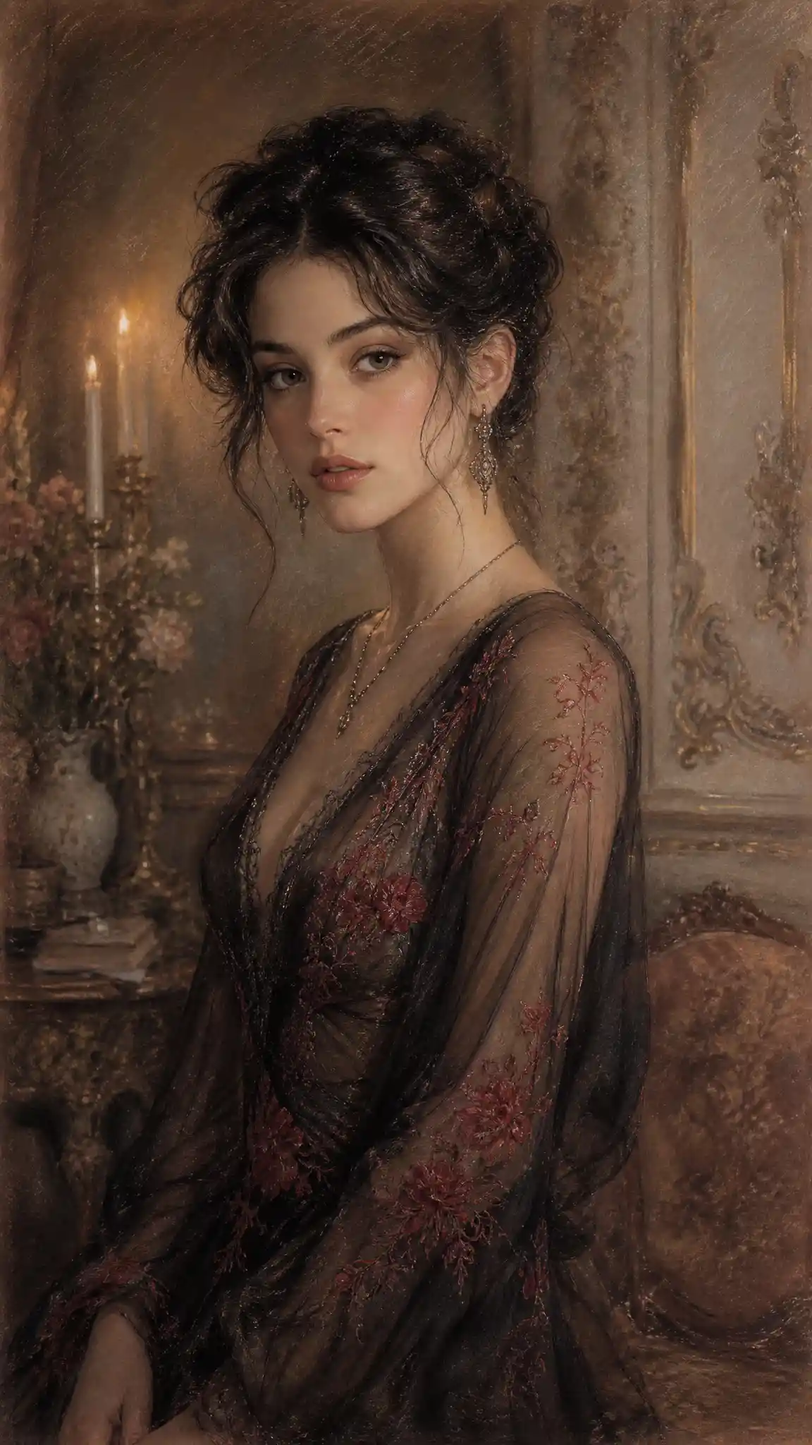 Pastel portrait of a girl in sheer embroidered black fabric