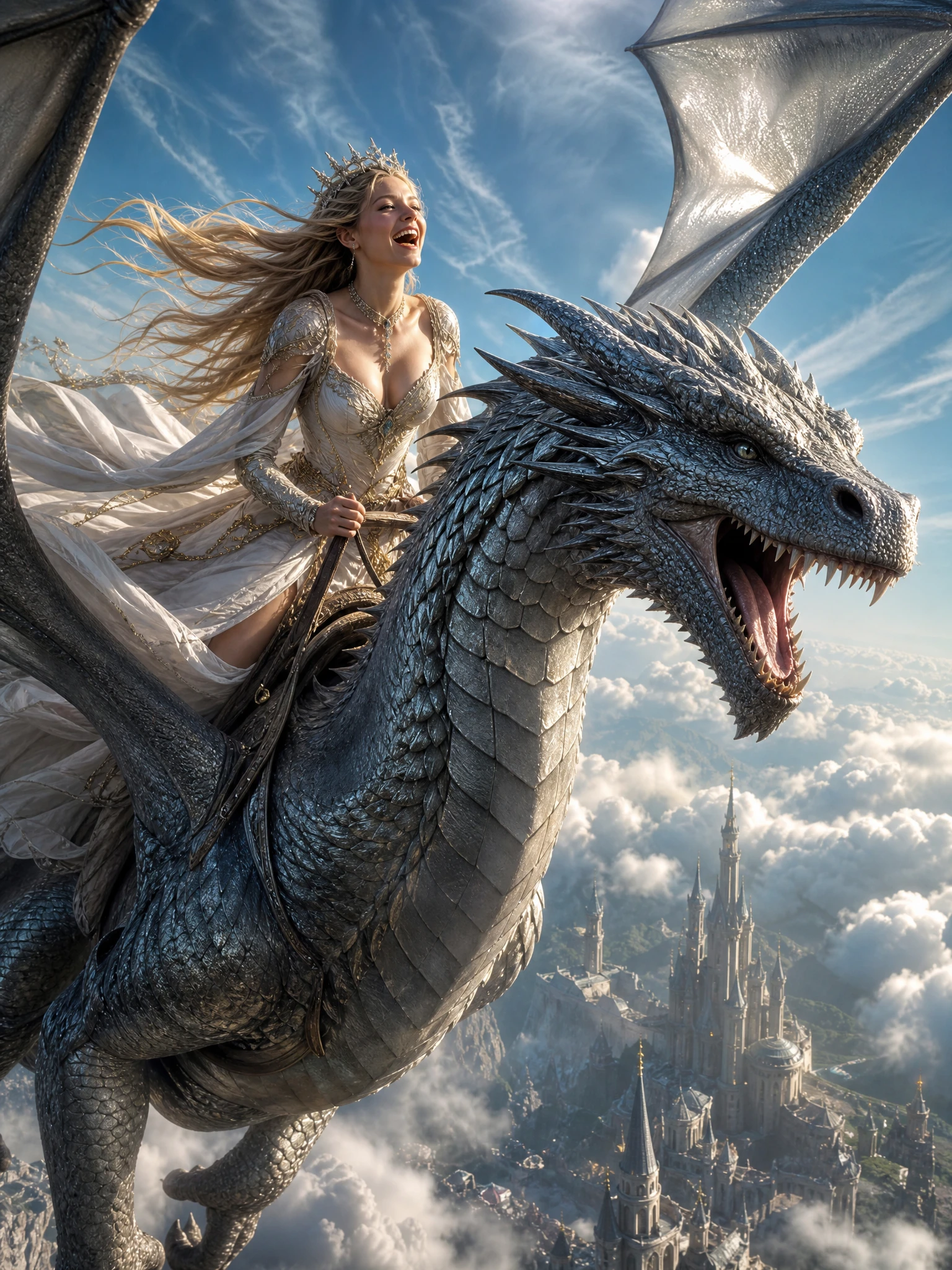 Dragon queen riding through clouds above distant castles