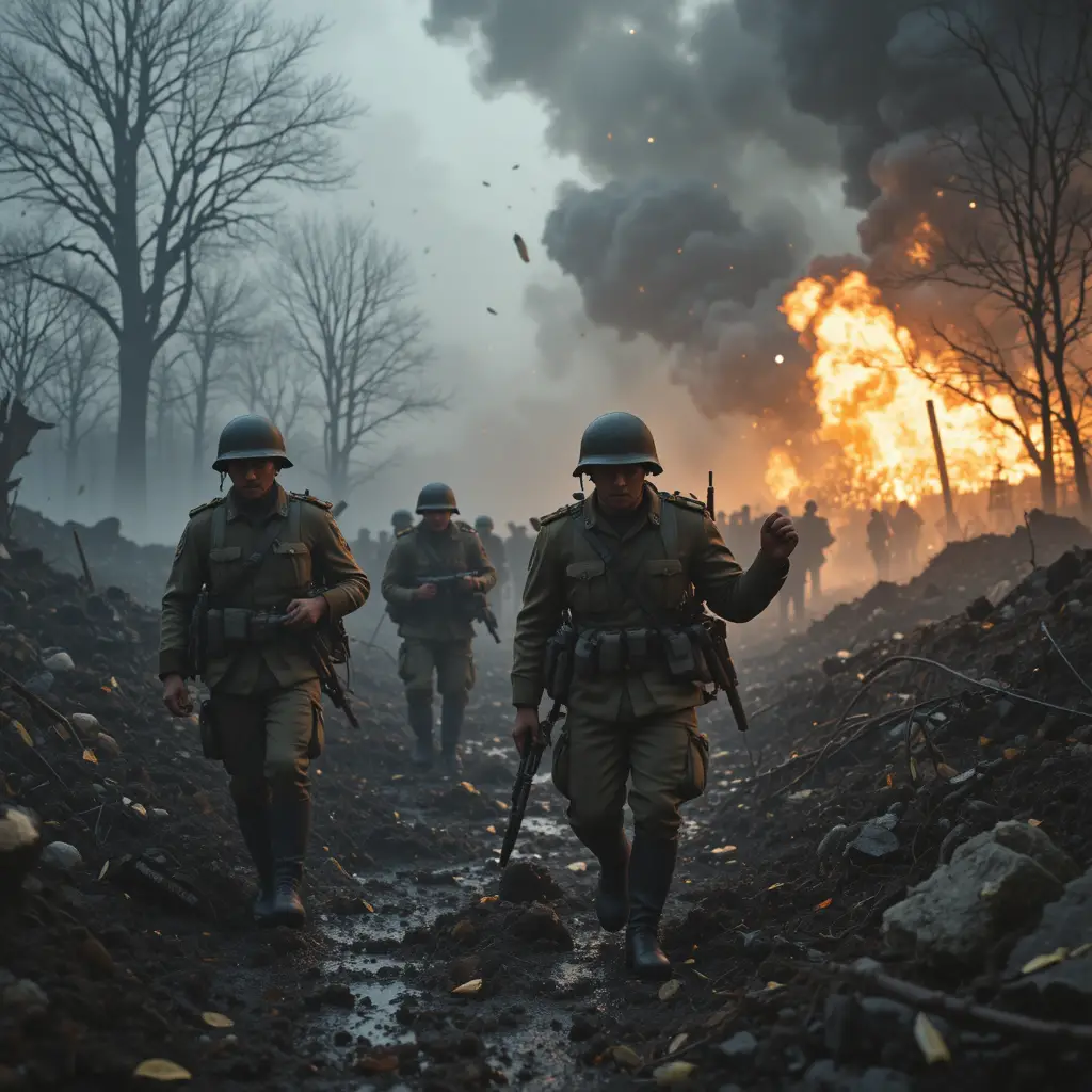 Allied soldiers advance through smoke on a French battlefield