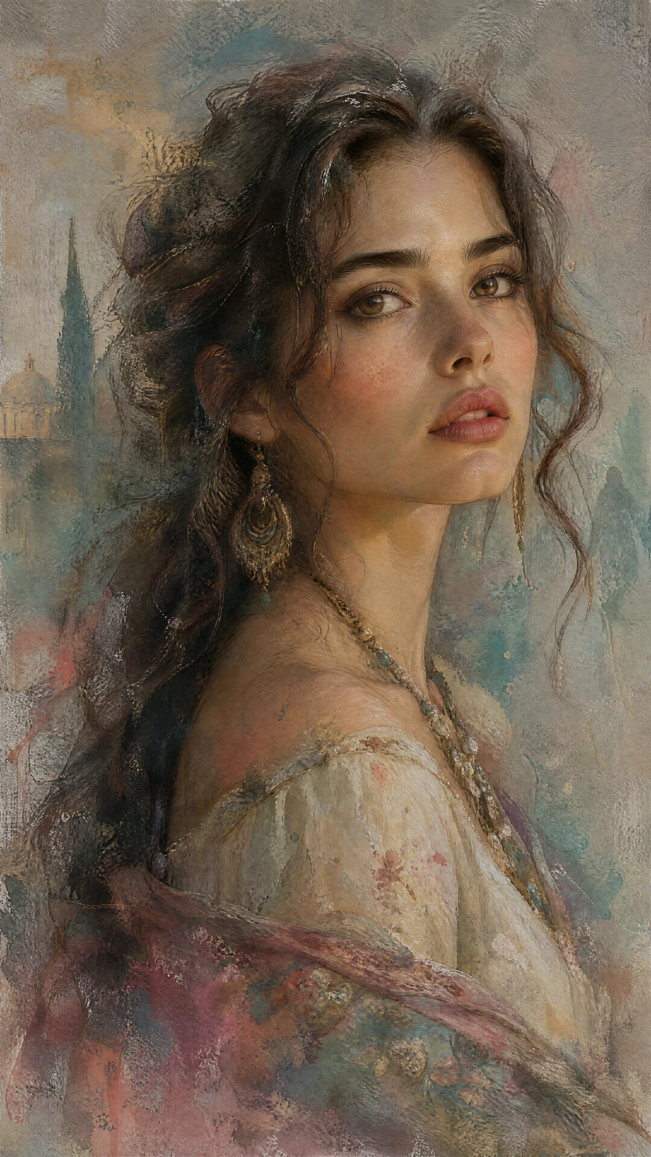Watercolor portrait of a vintage gypsy woman with longing gaze