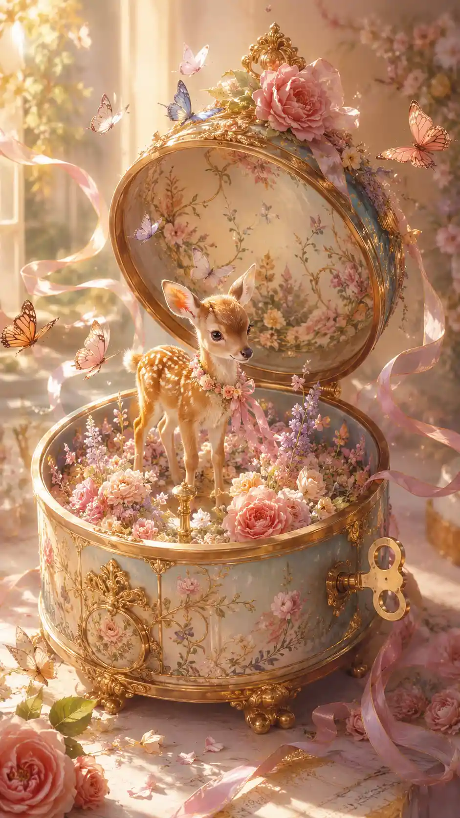 Tiny fawn in a floral music box fantasy scene