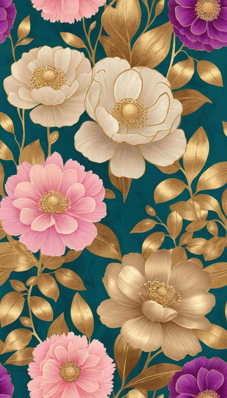 Decorative Floral Painting In Gold Pink And Beige Tones