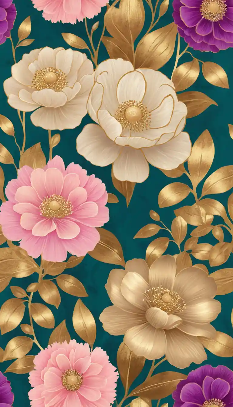 Decorative Floral Painting In Gold Pink And Beige Tones