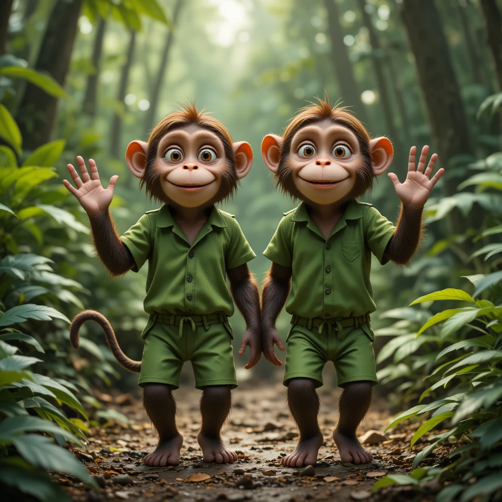 Two playful monkeys in leaf clothes in green forest
