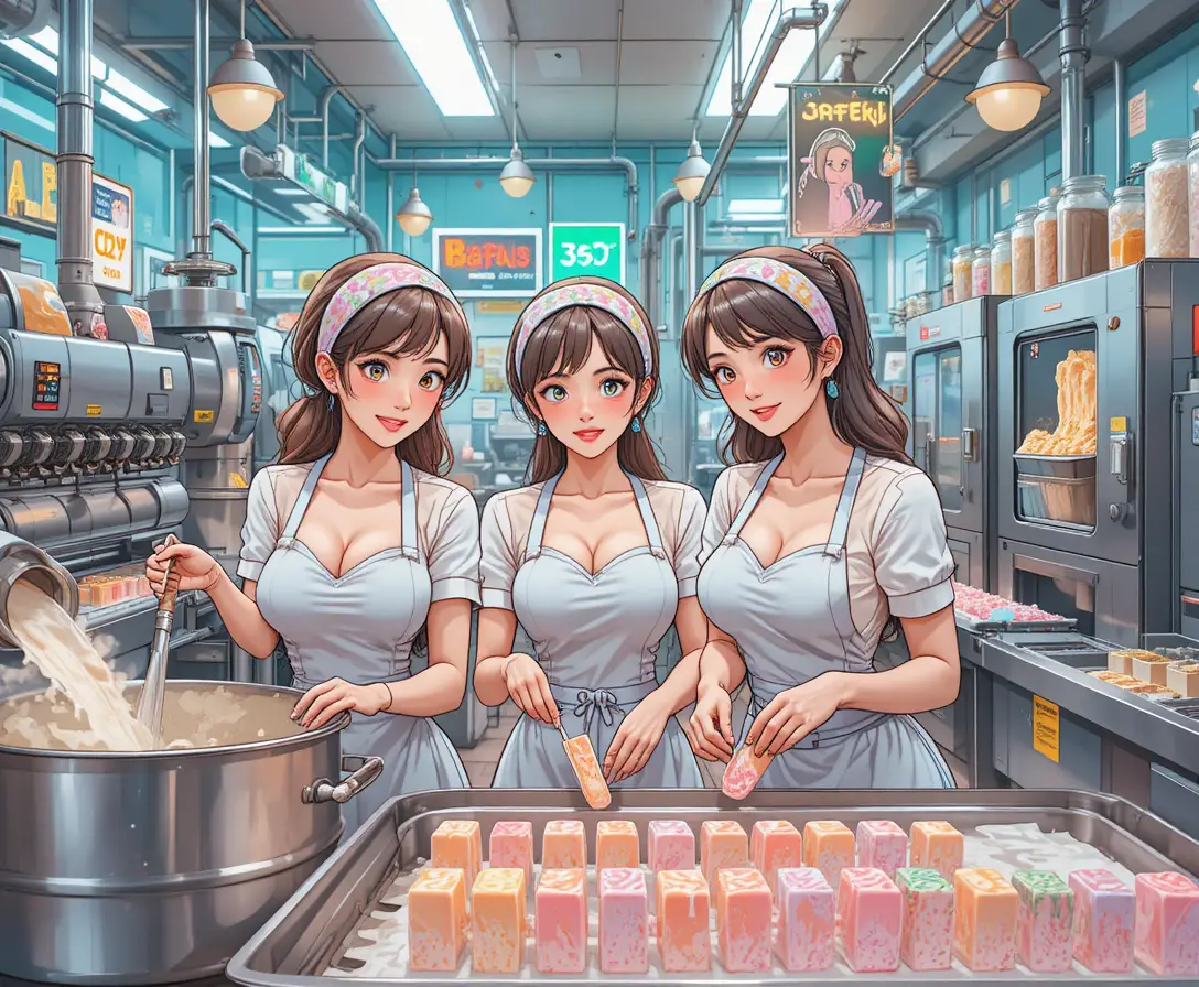 Three anime women working in a cheerful ice cream factory