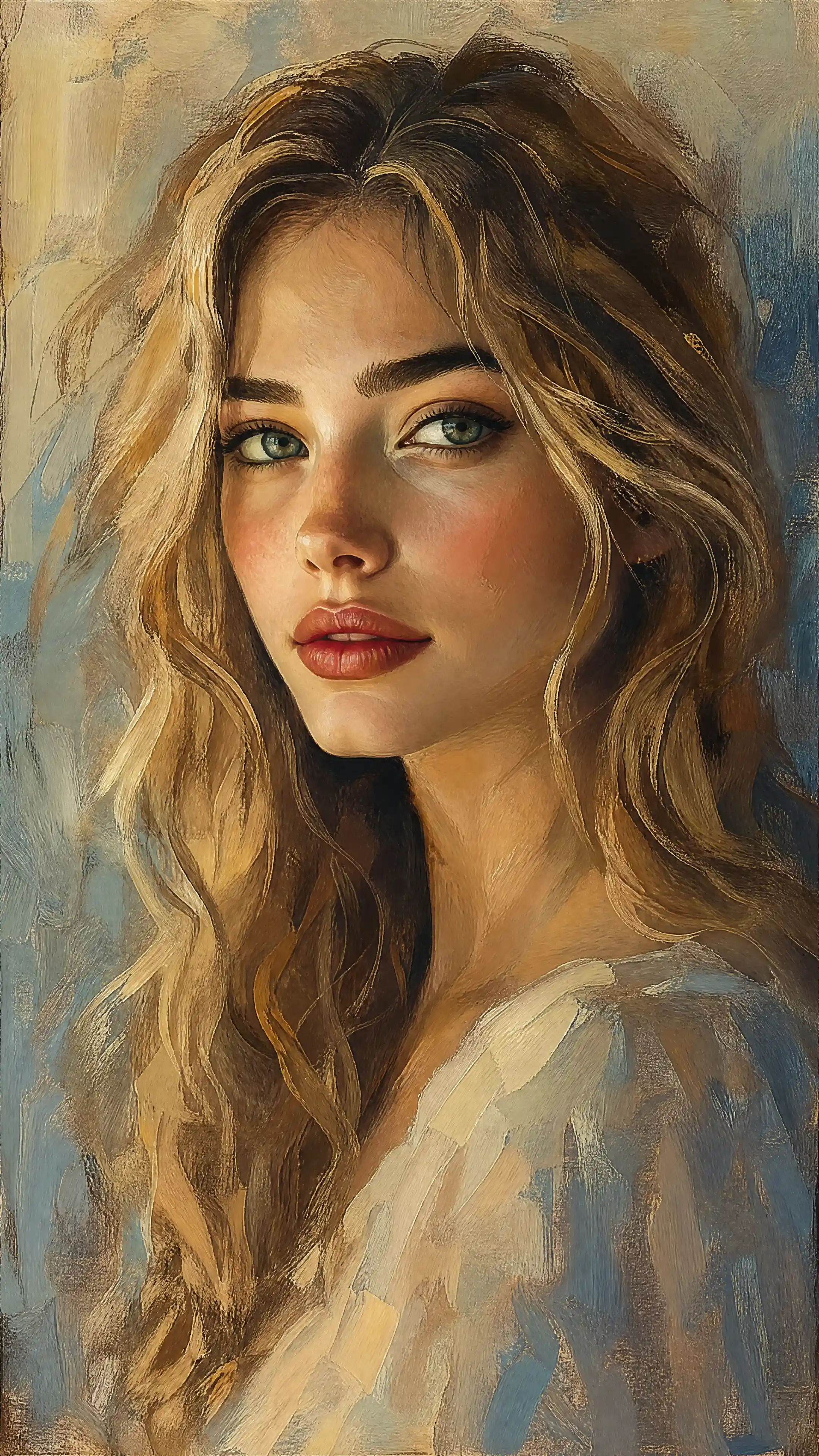 Soft pastel portrait of a blonde woman with red lips
