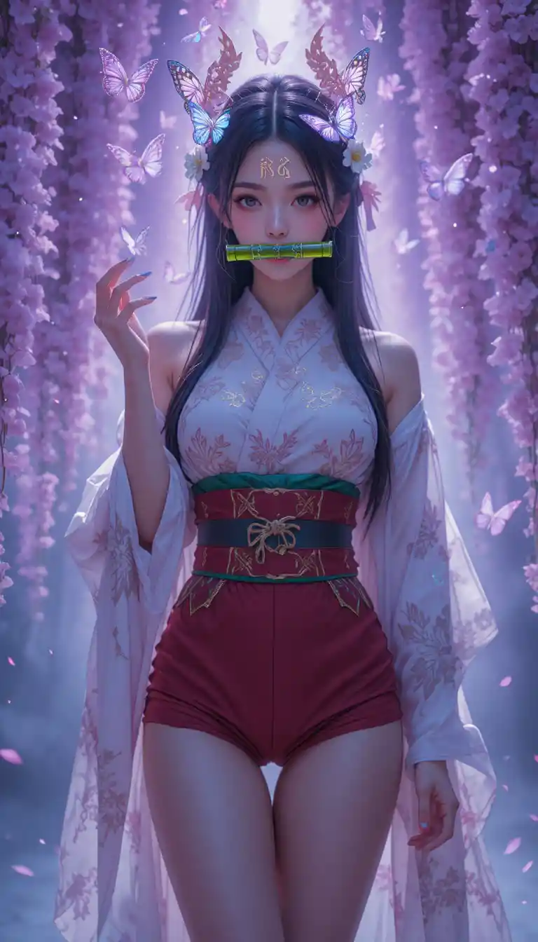 Anime-Dämonenmädchen mit leuchtenden Runen und Bambusknebel
