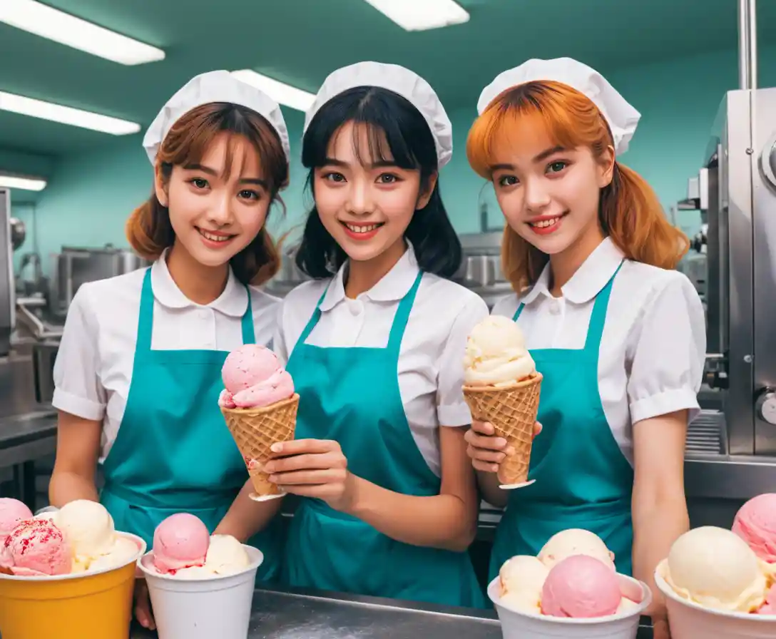 Three anime women working happily in an ice cream factory