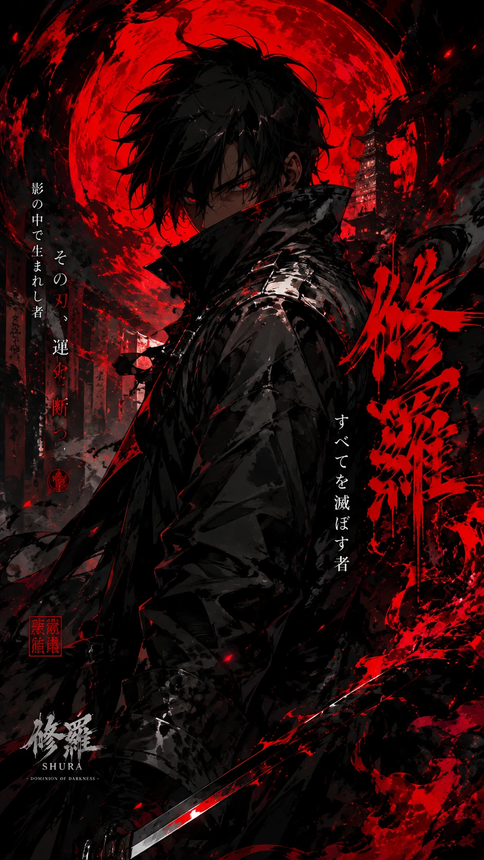 Fierce anime man in black coat with fiery red eyes